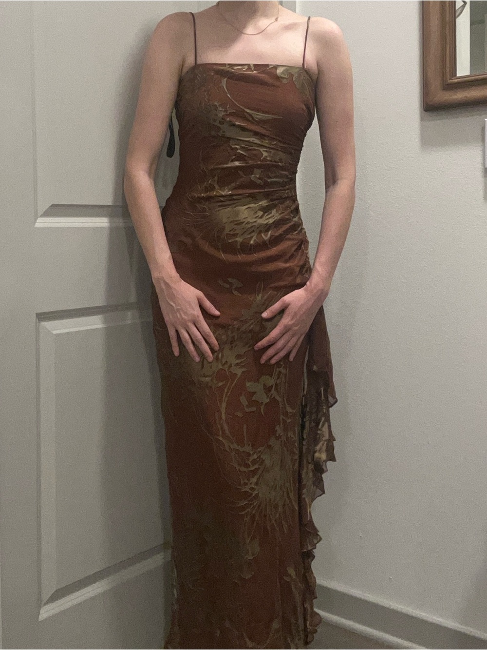 Silk Brown Satin-Blend Maxi Dress with Floral Accents